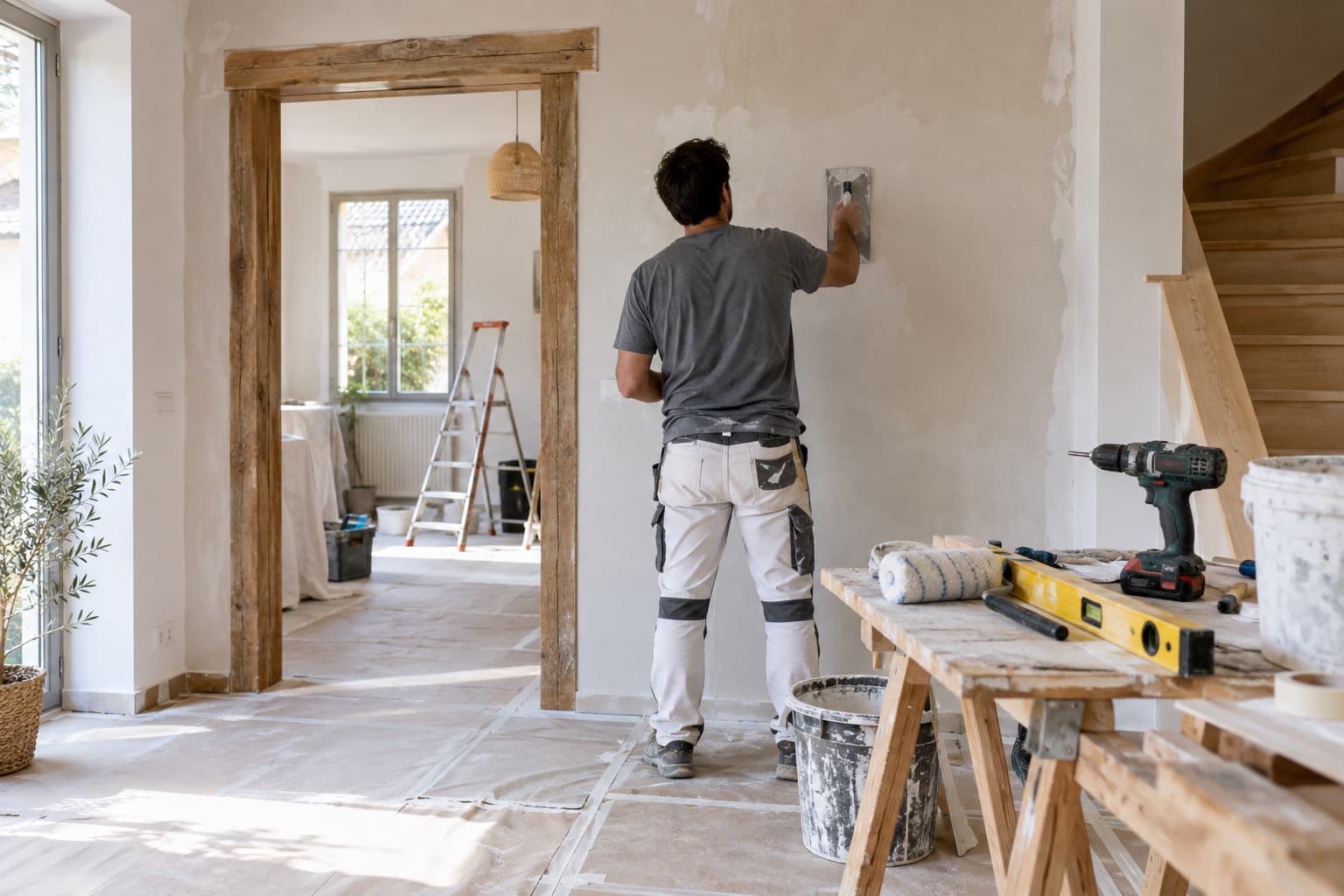 Un artisan réalise les finitions d’un mur dans une maison en rénovation